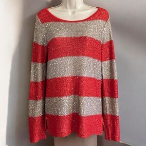 Willi Smith Scoop Neck Long Sleeve Red Gold Striped Knit Lightweight Sweater